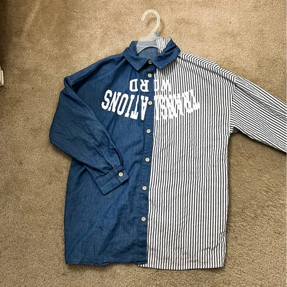 Lettered Half Solid Half Striped Button Down Shirt - Picture 2 of 3